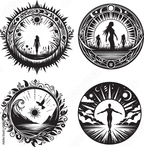 Summer Solstice illustration in black and white silhouette assets in vector farm