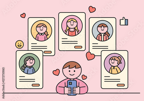 Online dating concept illustration. A person browsing dating profiles on a mobile app, surrounded by potential matches. Cute flat-style characters with pastel colors, perfect for modern dating