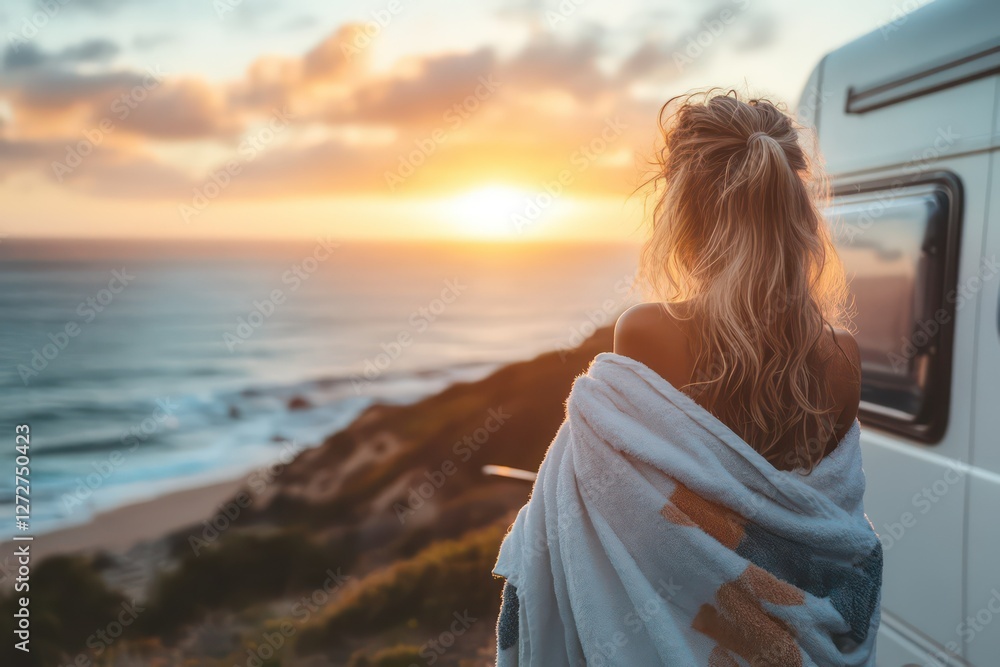 A woman wrapped in a towel, standing near her camper van, with salty hair and the sun setting over the ocean after a refreshing swim. A woman wrapped in a towel, standing near her camper van, with salty hair and the sun setting over the ocean after a refreshing swim.