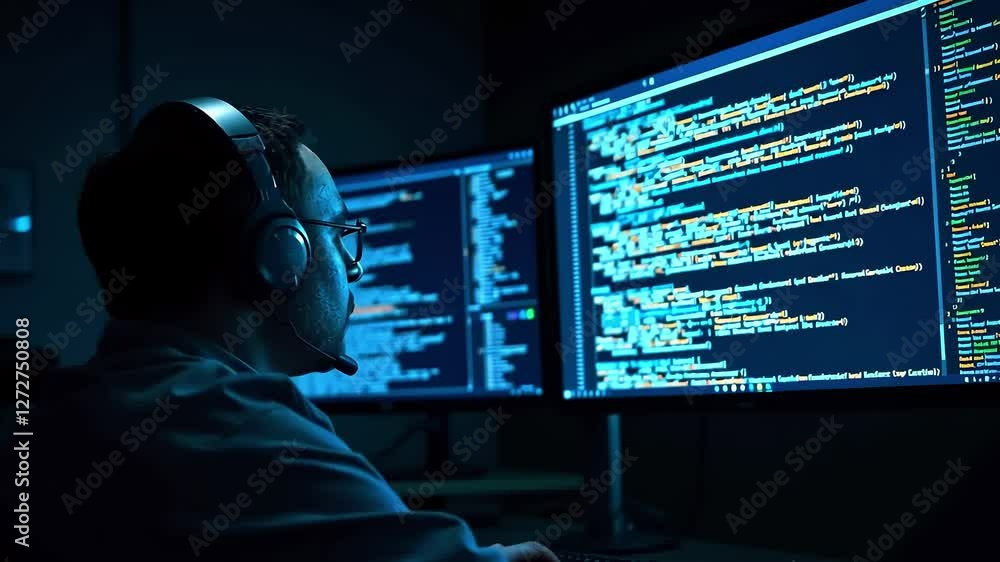 Programmer in Headset Analyzing Code on Multiple Monitors in Dark Office Setting Programmer in Headset Analyzing Code on Multiple Monitors in Dark Office Setting