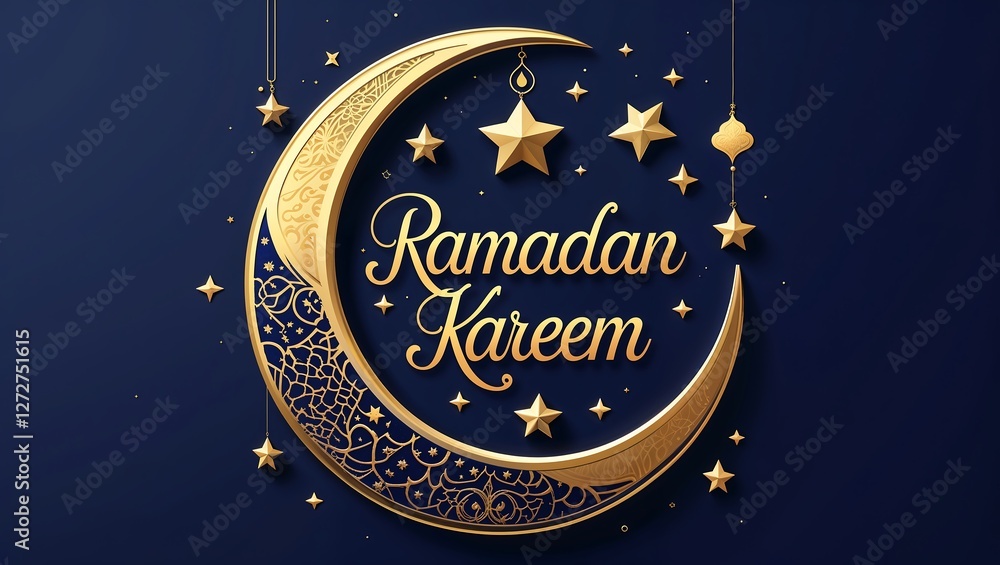 Elegant Golden Crescent Moon and Stars with Ornate Patterns for Ramadan Kareem and Eid Celebrations Elegant Golden Crescent Moon and Stars with Ornate Patterns for Ramadan Kareem and Eid Celebrations