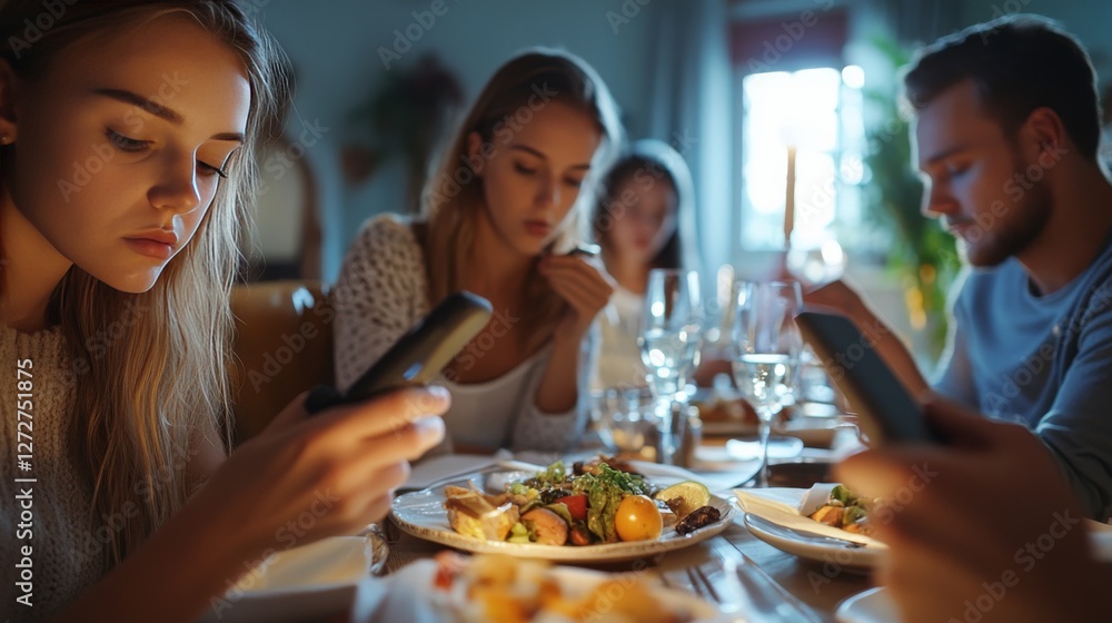 Phone overuse during a family dinner. Featuring distraction and missed connection with loved ones Phone overuse during a family dinner. Featuring distraction and missed connection with loved ones
