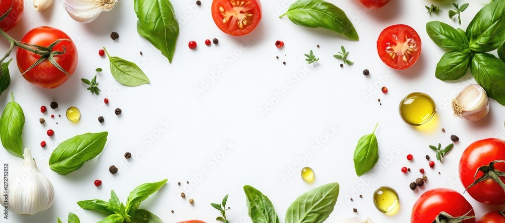 Fresh tomatoes, basil, garlic, & spices frame on white; recipe background Fresh tomatoes, basil, garlic, & spices frame on white; recipe background