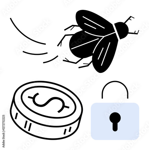 Flying coin with dollar symbol, black fly, and blue padlock representing security and finance. Ideal for financial security, investment protection, cybersecurity, saving strategies, budget