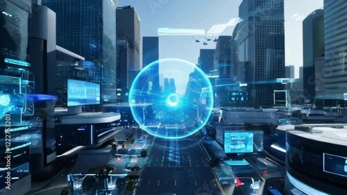 Futuristic High-Tech City with Holographic Interfaces, AI Robotics, Floating Drones, and Cybernetic Innovations