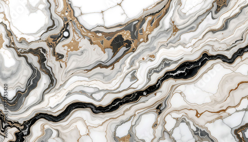 A marble countertop with swirling patterns and natural veins, captured in perfect clarity to highlight the smooth, polished surface and organic flow of the veins. photo