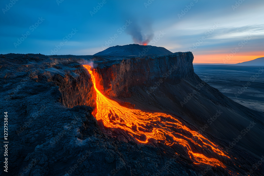 Fototapeta premium A beautiful mountain in the middle of an erupting volcano, with lava flowing down its side, glowing orange and red against the dark blue sky.