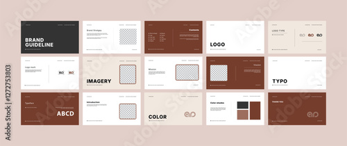 Brand guidelines design template. Brand identity templates. Logo and brand strategy guide manual presentation. Complete brand guidelines layout. Logo guideline book.