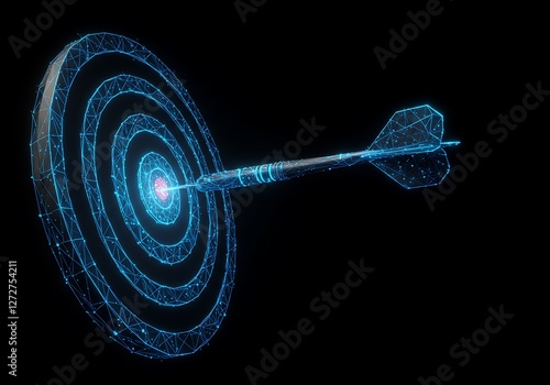 Dart Hitting Target with Digital Glowing Lines on Black Background