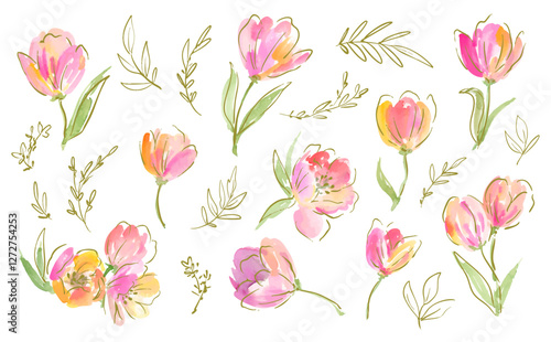 Set of vector clipart of abstract tulips painted in watercolor with gold line art. Hand-drawn tulip illustration collection for pattern with transparent background.