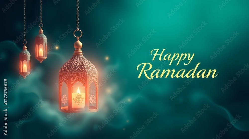 Celebrate Ramadan with glowing lanterns and warm wishes in a serene atmosphere Celebrate Ramadan with glowing lanterns and warm wishes in a serene atmosphere