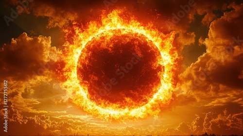 Fiery Ring Encircles Dark Orb In Flaming Sky