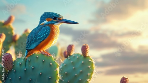 A vibrant kingfisher perched on cacti during sunset.