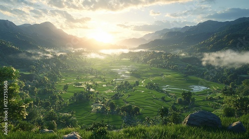Sunrise over lush green valley, misty mountains.