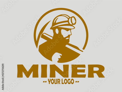 Miner holding symbol mined from rocks drawing, logo miner worker silhouette, miner with helmet and headlamp in vector illustration art