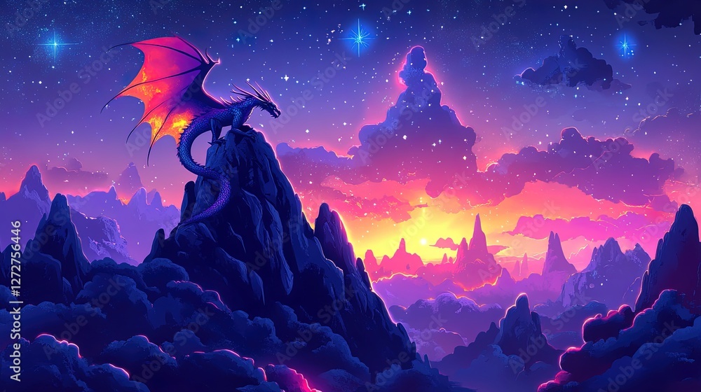 A fantasy landscape with a dragon perched on a glowing mountain peak A fantasy landscape with a dragon perched on a glowing mountain peak