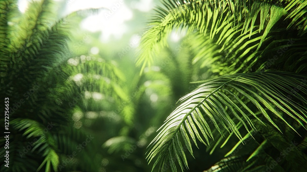 A dense tropical forest with large palm fronds and other lush greenery creating a jungle atmosphere. A dense tropical forest with large palm fronds and other lush greenery creating a jungle atmosphere.
