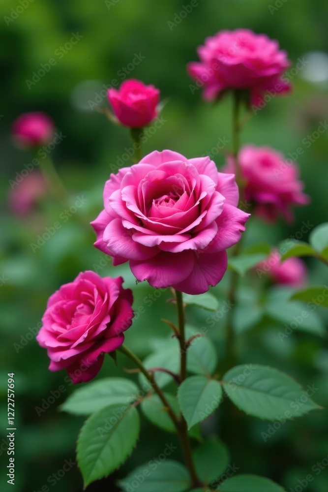 Vibrant Pink Roses in Full Bloom, a Close-Up View of Delicate Petals and Lush Green Foliage, Displaying the Beauty of Nature's Floral Masterpiece Vibrant Pink Roses in Full Bloom, a Close-Up View of Delicate Petals and Lush Green Foliage, Displaying the Beauty of Nature's Floral Masterpiece