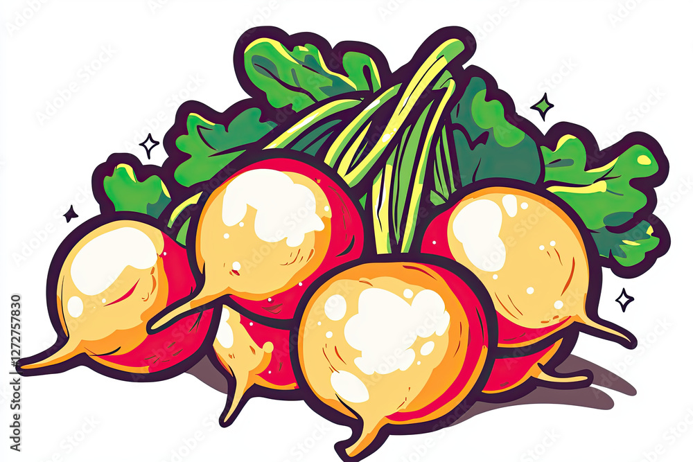 Fresh radishes with bright red and yellow colors, surrounded by green leaves, create vibrant and appealing illustration Fresh radishes with bright red and yellow colors, surrounded by green leaves, create vibrant and appealing illustration