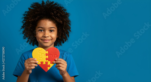 Autism spectrum disorder. Little boy with autism holding heart made of puzzle pieces on blue background. Child mental health. Autism spectrum disorder concept, ASD. World autism awareness day.
