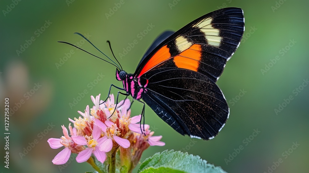 A detailed macro shot of a vibrant butterfly perched on a blooming flower A detailed macro shot of a vibrant butterfly perched on a blooming flower