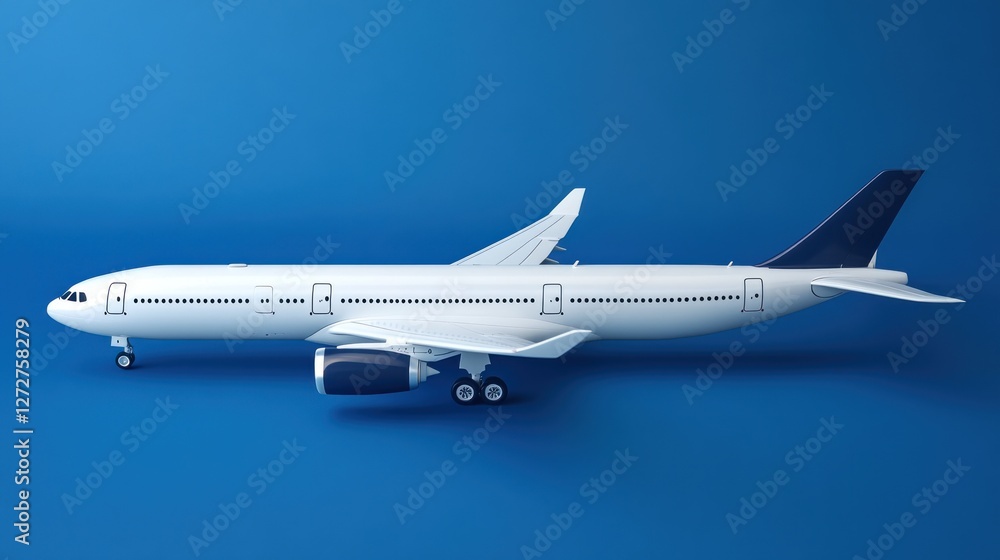 A realistic 3D model of a commercial airplane on a blue background. A realistic 3D model of a commercial airplane on a blue background.