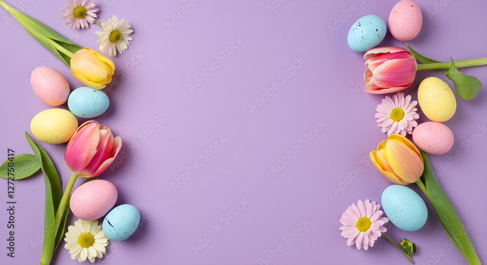 Obraz premium Easter eggs, tulips and daisy flowers arranged on a light purple background, Spring, greeting card design, easter, spring promotion, horizontal banner, copy space