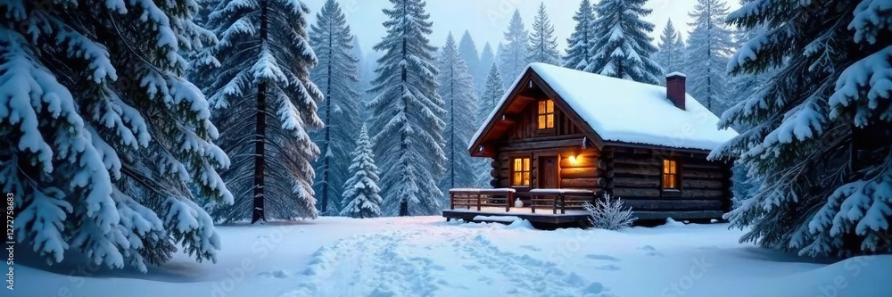 custom made wallpaper toronto digitalA wooden cabin nestled among snow-covered evergreens in the woods, winter wonderland, rustic, forest