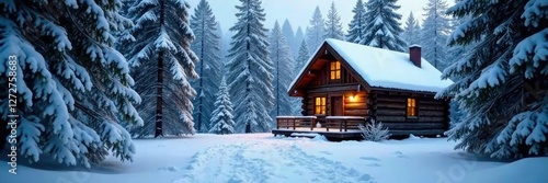 Wallpaper Mural A wooden cabin nestled among snow-covered evergreens in the woods, winter wonderland, rustic, forest Torontodigital.ca