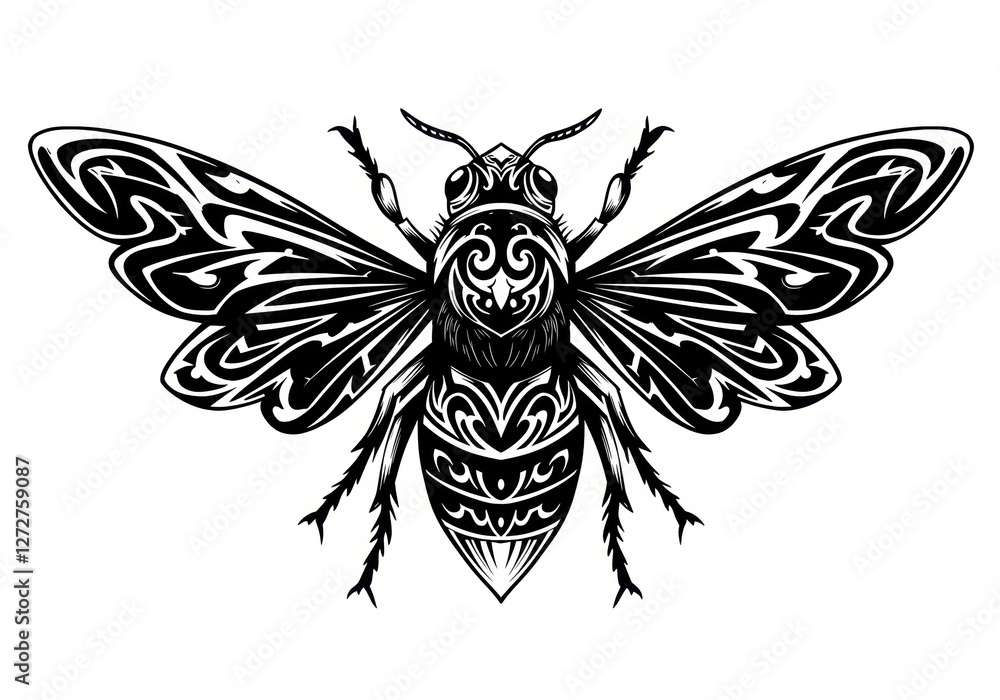Fototapeta premium Intricate black and white illustration of a stylized bee with ornamental patterns, suitable for design