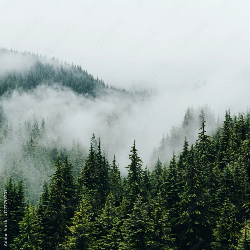Lush green forest shrouded in mist, creating a serene and tranquil atmosphere Lush green forest shrouded in mist, creating a serene and tranquil atmosphere