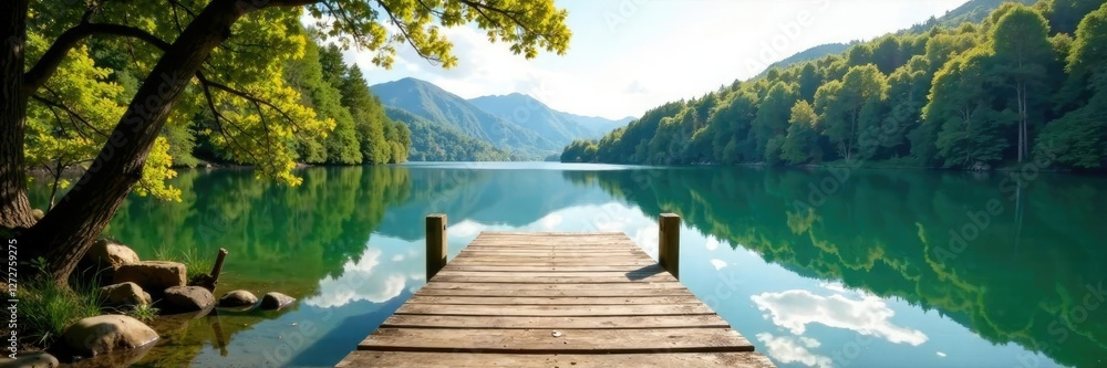 A wooden dock stretching into the lake with trees surrounding it, tree, spring, landscape A wooden dock stretching into the lake with trees surrounding it, tree, spring, landscape