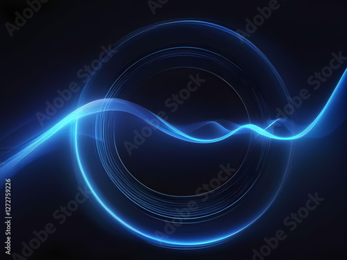 A glowing, circular, abstract waveform composed of intertwining blue light trails against a dark background.