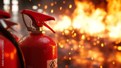 Fire extinguisher near active flames in smoke.
