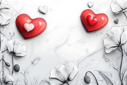 Animated Women's Day design with animated heart cartoons and playful white poppies on an animated white backdrop.