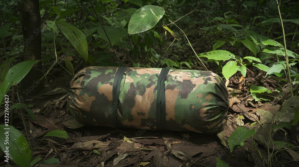 Obraz premium Camouflage Sleeping Bag on Forest Floor Surrounded by Foliage
