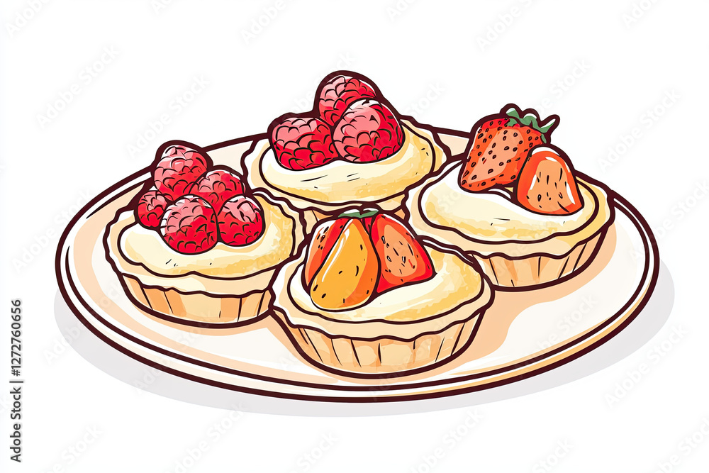 Delicious fruit tarts with fresh strawberries and raspberries on plate Delicious fruit tarts with fresh strawberries and raspberries on plate