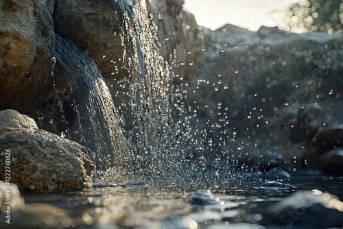 A close-up of water droplets splashing off rocks as a waterfall crashes into a pool below. The water crashes into the pool below, sending droplets 
