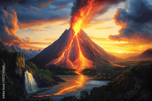 A wide-angle photograph of an erupting volcano with lava flowing down the side, dusk lighting, photo-realistic landscapes.