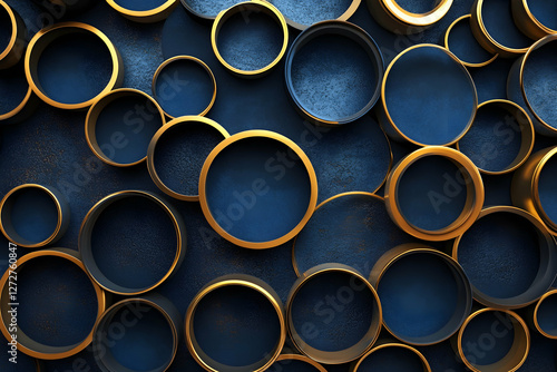 A background with an array of circular gold frames in various sizes, each filled with navy blue and copper colors, creating a gradient effect.