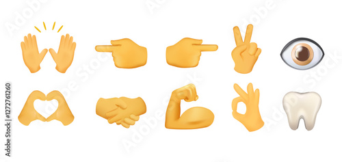 Hand emojis 3D icons set, gestures, stickers, emoticons 3D style illustration symbols set, collection. Hands, hello, muscle, ok or good done, handshake for partnership, eye, tooth, fingers pointer