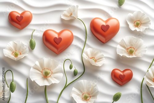 Animated Women's Day design with animated heart cartoons and playful white poppies on an animated white backdrop.