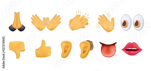 Hand emojis 3D icons set, gestures, stickers, emoticons 3D style illustration symbols set, collection. Hands, hello, hi, thumb up for like, thumb down for dislike, finger, ear, direction, fingers
