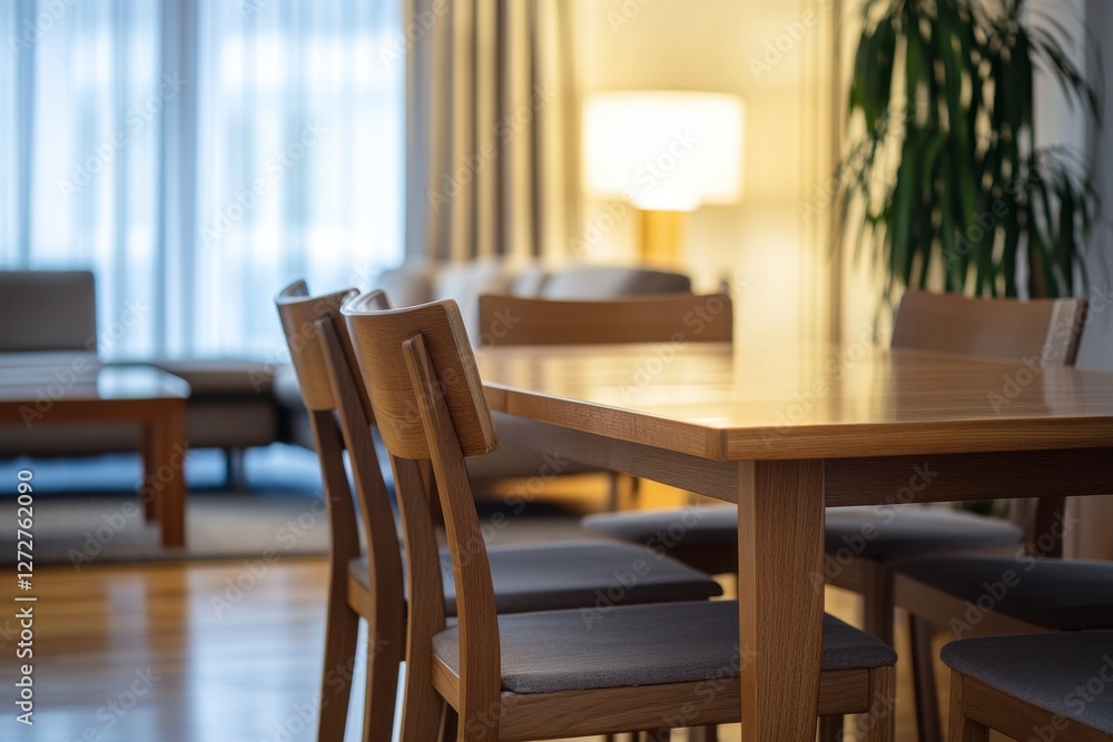 Modern Dining Room with Wooden Table and Cozy Atmosphere Modern Dining Room with Wooden Table and Cozy Atmosphere