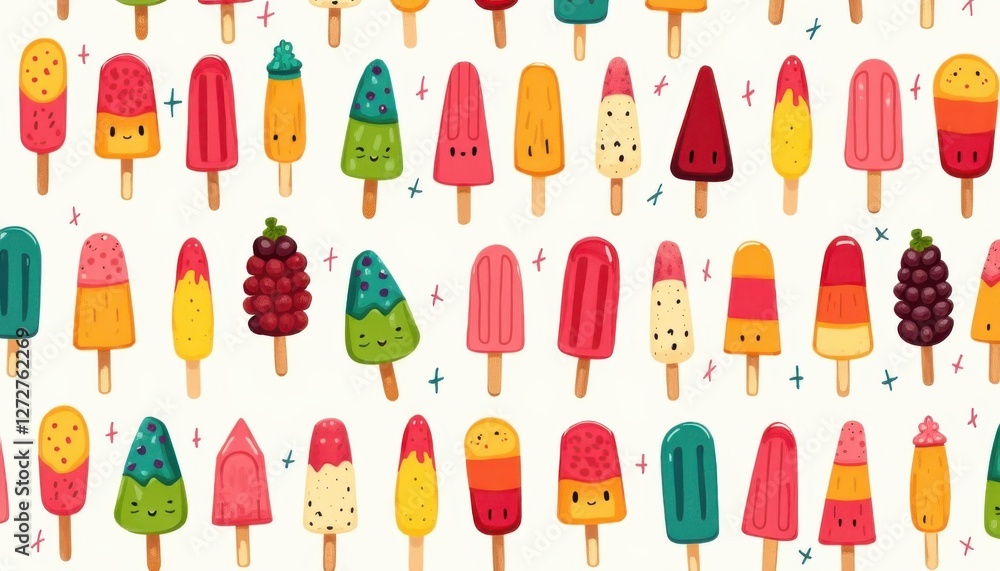 Illustrated Popsicle Pattern Cheerful Faces Illustrated Popsicle Pattern Cheerful Faces