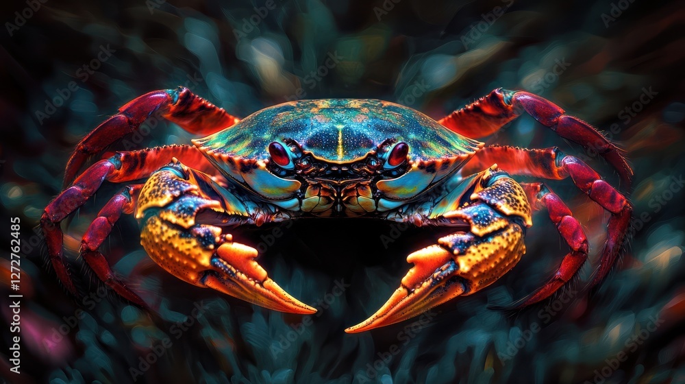 A vividly colored crab with striking features against a dark background. A vividly colored crab with striking features against a dark background.