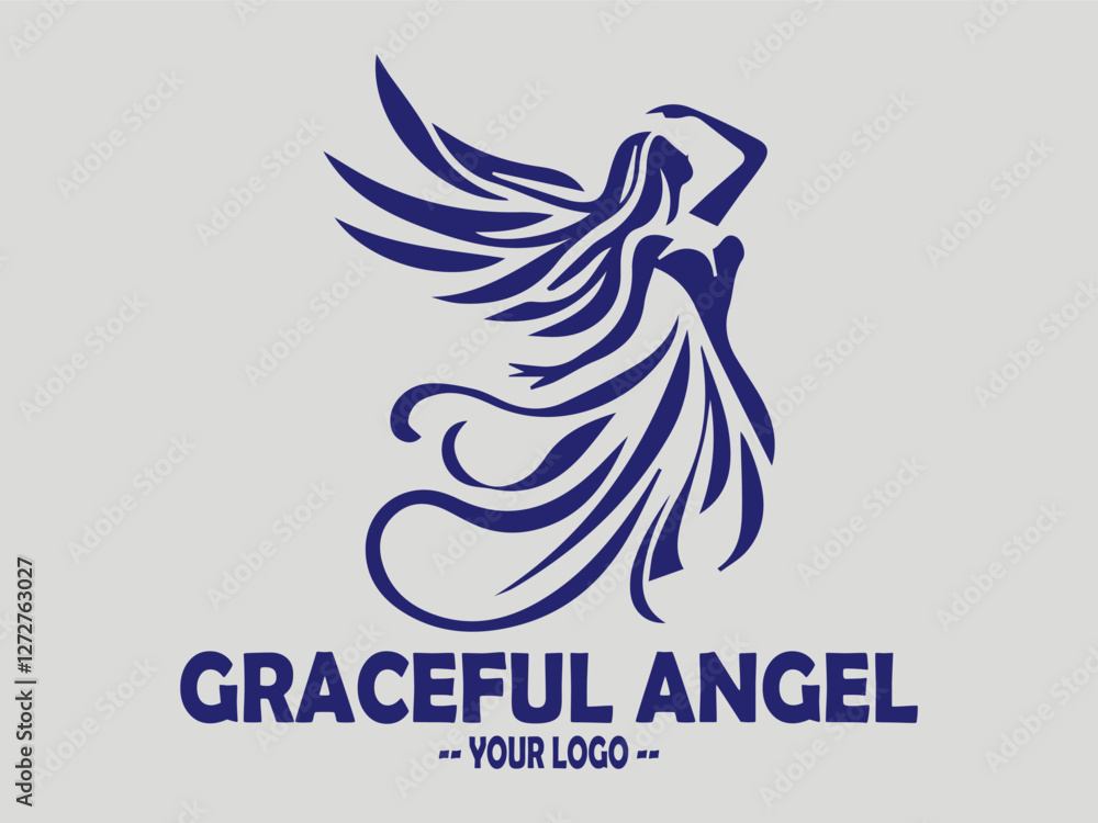 Fototapeta premium elegant angel line art vector illustration, graceful dark blue illustration of an angel with flowing wings, minimalist angel wings vector for spiritual and memorial logos. elegant angel in prayer
