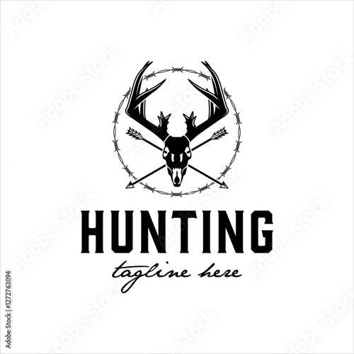 Deer skull logo with barbed wire in classic style design