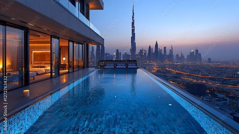 Obraz premium Rooftop infinity pool, Dubai skyline, luxury hotel, evening view, modern architecture
