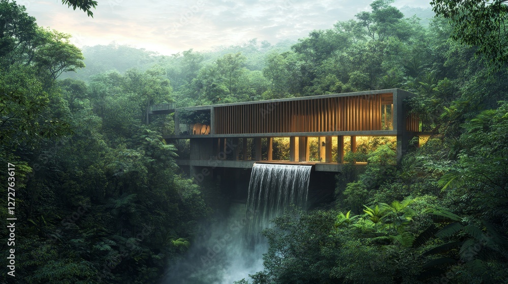 Fototapeta premium Modern Architecture Home Nestled in Lush Green Jungle Near Cascading Waterfalls